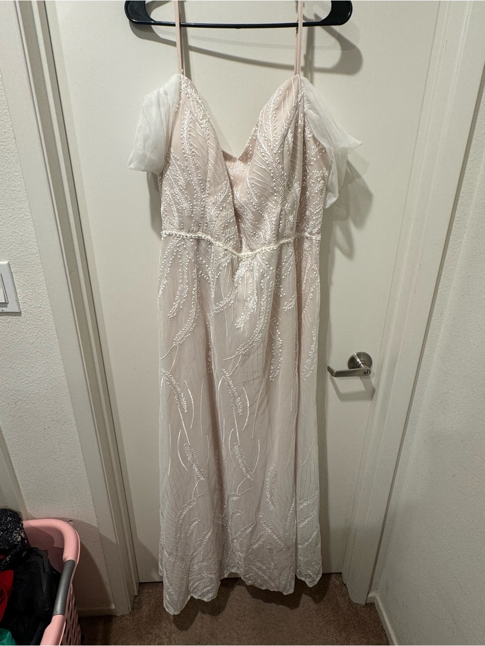 Elegant Ivory-Beige Beaded Off-Shoulder Maxi Dress